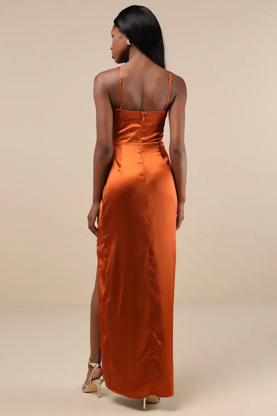 Luxurious Marvel Rust Orange Satin Ruched Column Maxi Dress sold by Lulus product image thumbnail 2