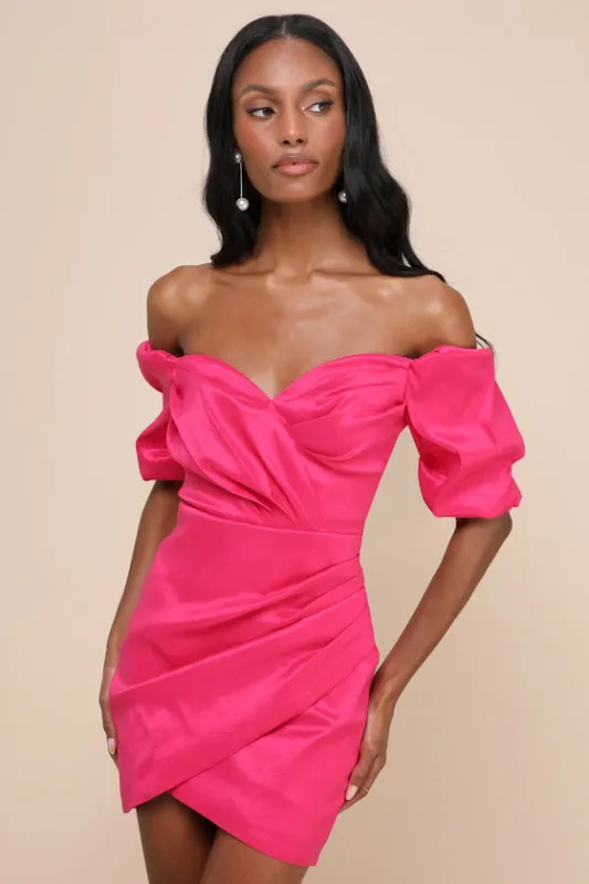 Desirable Aura Hot Pink Taffeta Off-the-Shoulder Mini Dress sold by Lulus