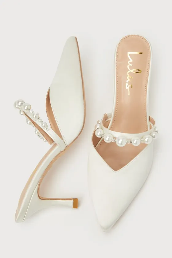 Daryll White Satin Pearl Pointed-Toe Mule Pumps sold by Lulus product image thumbnail 4