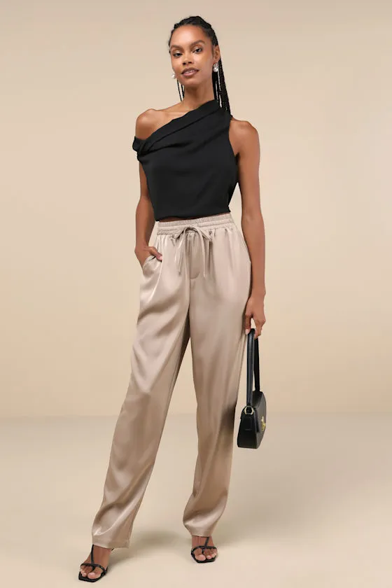 Exceptional Edge Taupe Satin High-Rise Drawstring Pants sold by Lulus