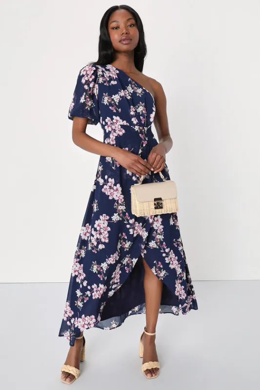 Sensational Perfection Navy Floral One-Shoulder High-Low Dress sold by Lulus