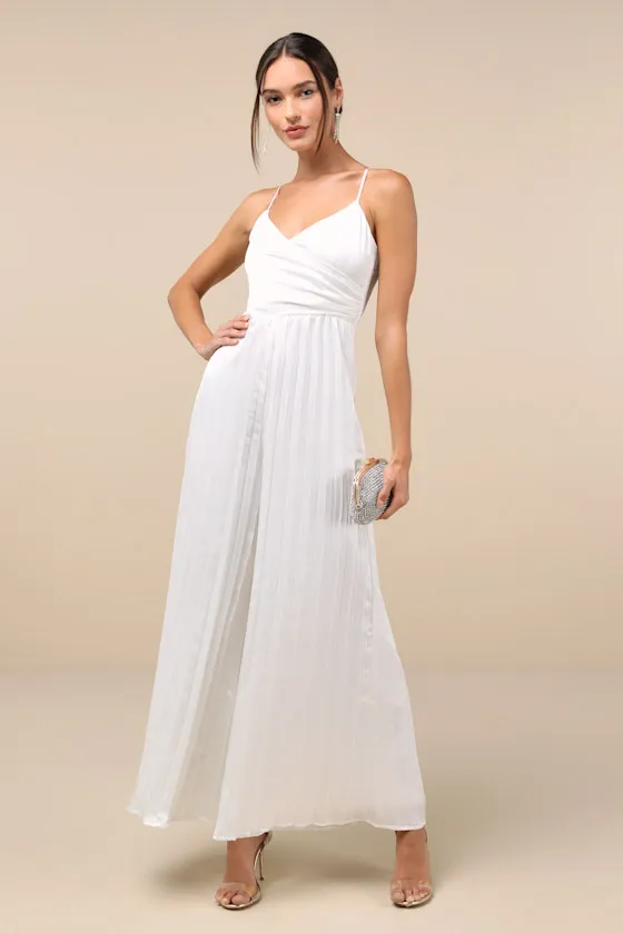 Memorably Sophisticated White Satin Pleated Backless Jumpsuit sold by Lulus