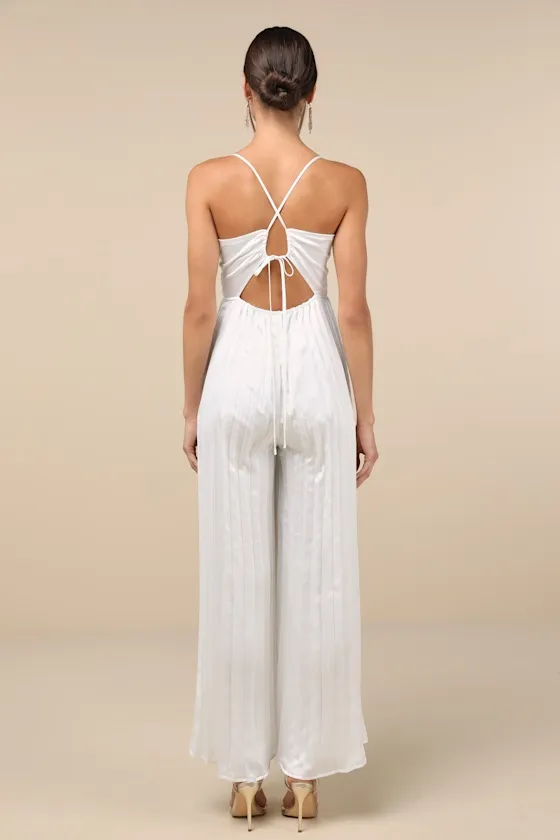 Memorably Sophisticated White Satin Pleated Backless Jumpsuit sold by Lulus product image thumbnail 3