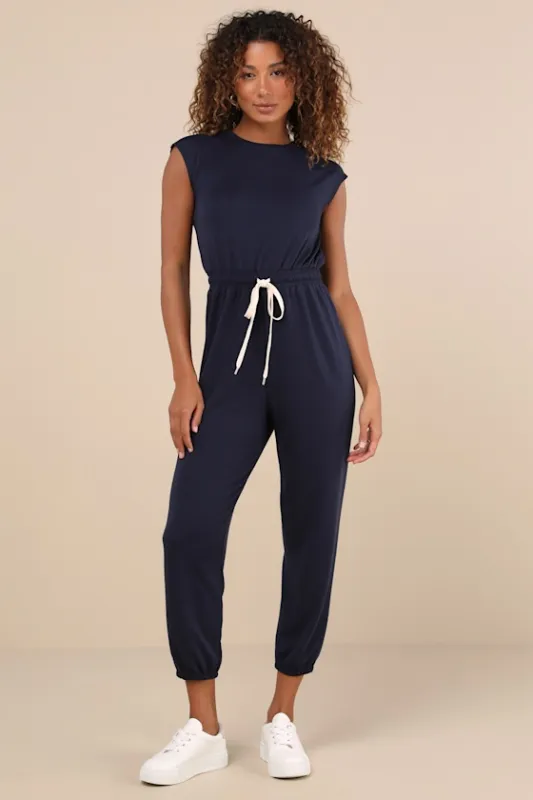Comfy Passion Navy Short Sleeve Drawstring Lounge Jumpsuit sold by Lulus