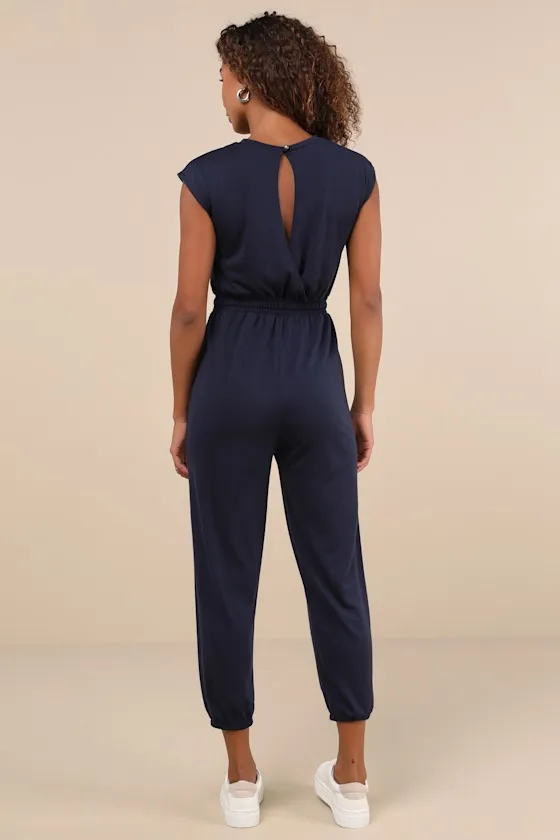 Comfy Passion Navy Short Sleeve Drawstring Lounge Jumpsuit sold by Lulus product image thumbnail 2