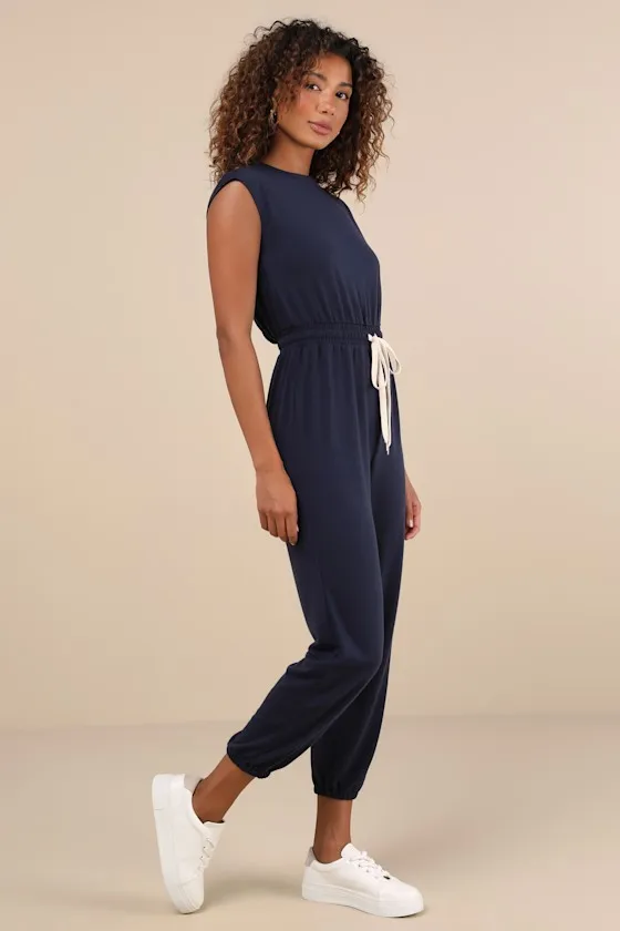 Comfy Passion Navy Short Sleeve Drawstring Lounge Jumpsuit sold by Lulus product image thumbnail 4