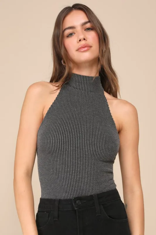 Elusively Chic Charcoal Grey Textured Mock Neck Cutout Bodysuit sold by Lulus