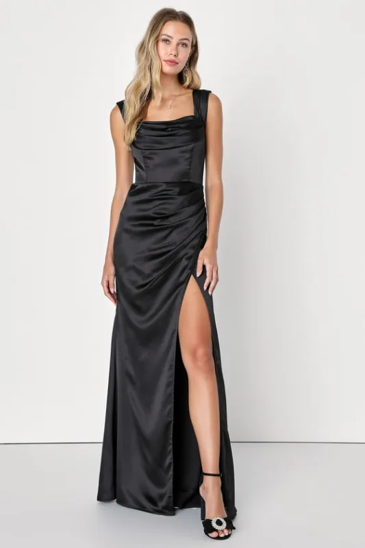 Stunning Arrival Black Satin Off-The-Shoulder Maxi Dress sold by Lulus