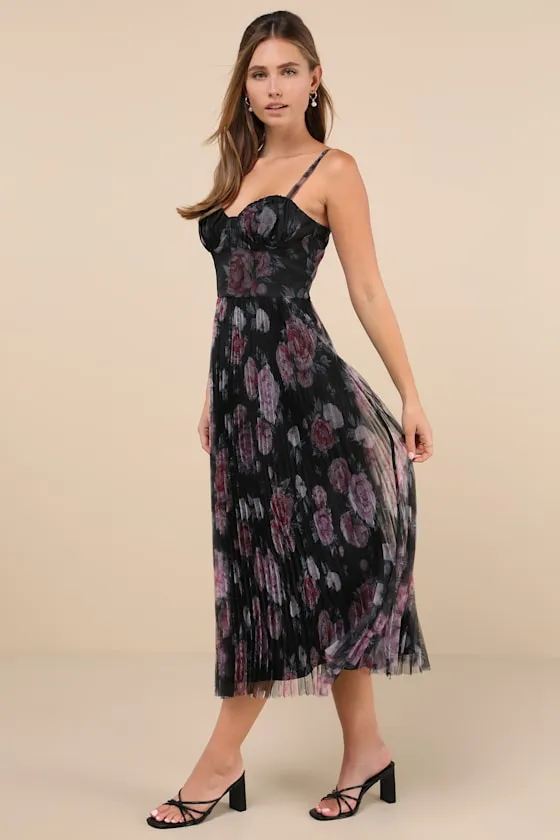 Alluring Invite Black Floral Pleated Bustier Midi Dress sold by Lulus