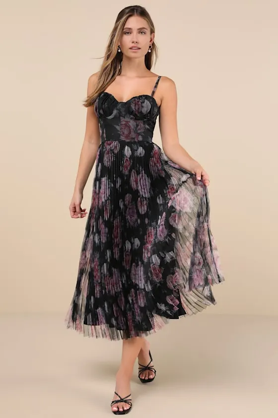 Alluring Invite Black Floral Pleated Bustier Midi Dress sold by Lulus product image thumbnail 2