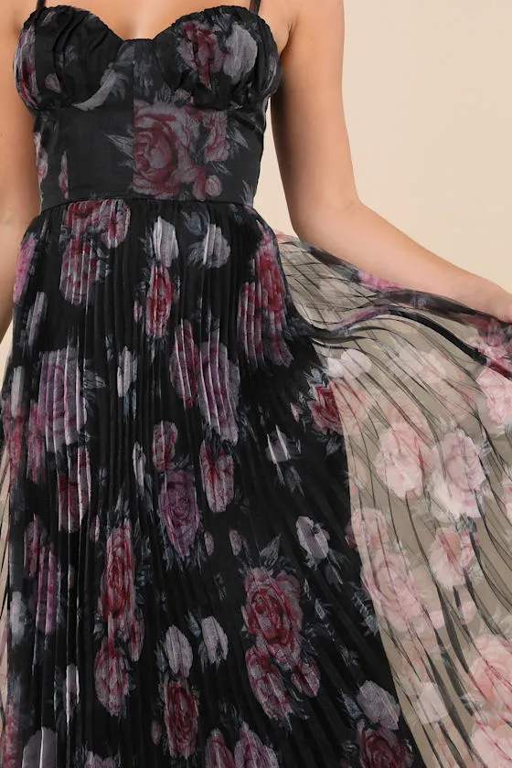 Alluring Invite Black Floral Pleated Bustier Midi Dress sold by Lulus product image thumbnail 4