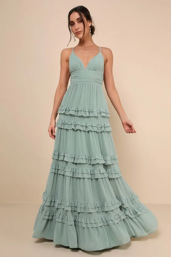 Lavish Perfection Sage Green Ruffled Tiered Maxi Dress sold by Lulus
