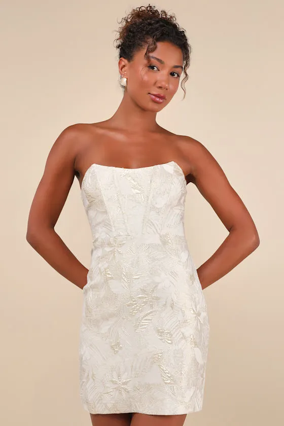 Enchanting Bombshell Cream Floral Jacquard Strapless Mini Dress sold by Lulus