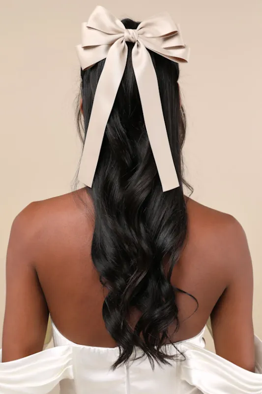 Triple the Charm Beige Layered Ribbon Bow Hair Barrette sold by Lulus