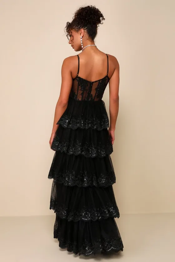 Alluring Sensation Black Tulle Embroidered Tiered Maxi Dress sold by Lulus product image thumbnail 2