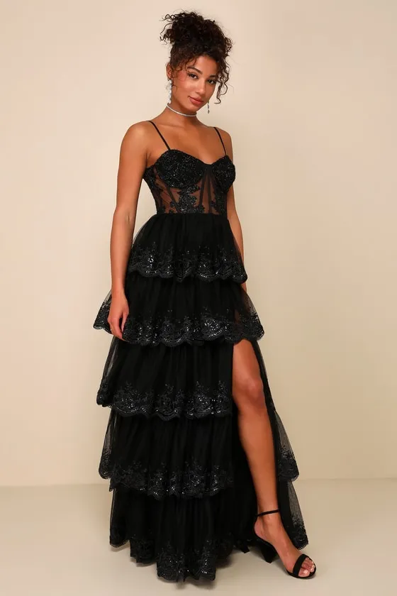 Alluring Sensation Black Tulle Embroidered Tiered Maxi Dress sold by Lulus product image thumbnail 3