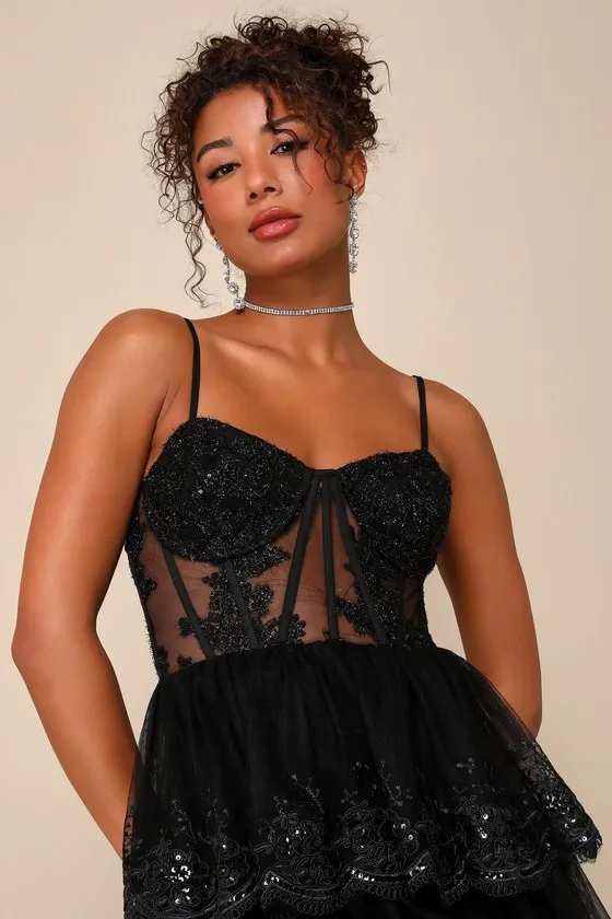 Alluring Sensation Black Tulle Embroidered Tiered Maxi Dress sold by Lulus product image thumbnail 4