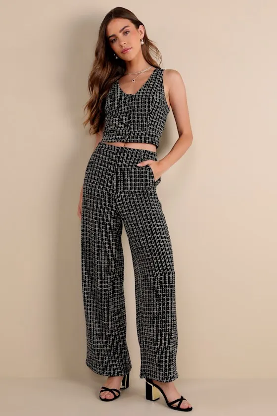 Posh Perception Black and White Plaid Tweed Wide-Leg Pants sold by Lulus