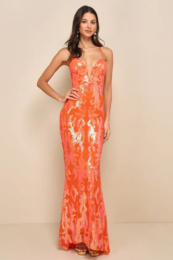 Glittering Sensation Orange Iridescent Sequin Lace-Up Maxi Dress sold by Lulus