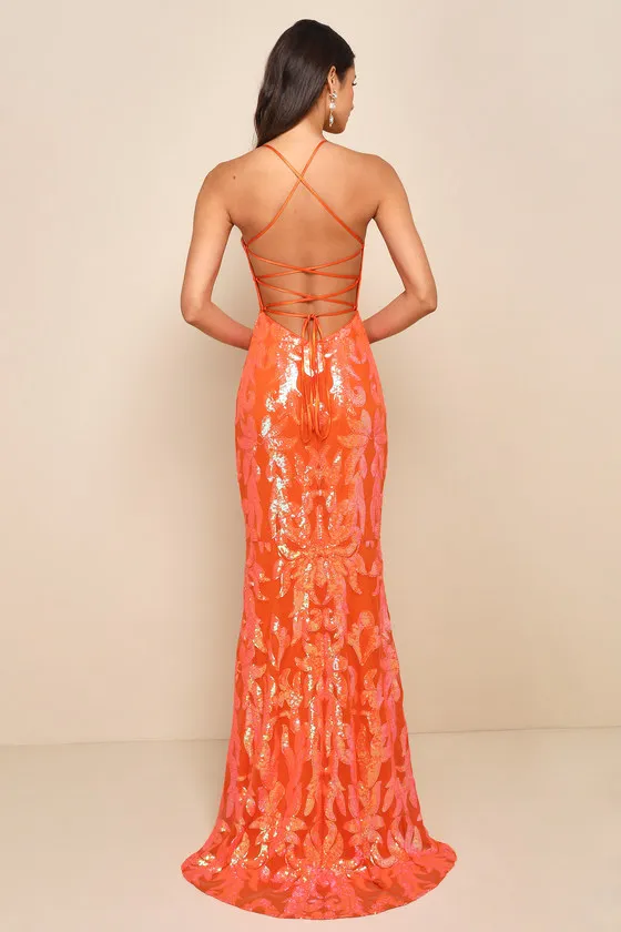 Glittering Sensation Orange Iridescent Sequin Lace-Up Maxi Dress sold by Lulus product image thumbnail 2