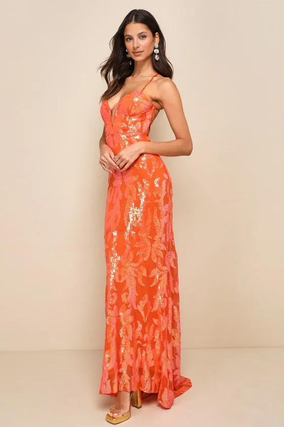 Glittering Sensation Orange Iridescent Sequin Lace-Up Maxi Dress sold by Lulus product image thumbnail 3