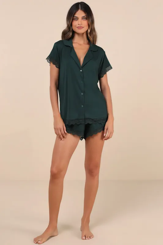 Snuggly Love Dark Green Short Sleeve Lace Two-Piece Pajama Set sold by Lulus