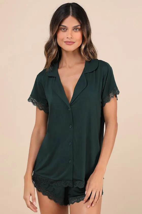 Snuggly Love Dark Green Short Sleeve Lace Two-Piece Pajama Set sold by Lulus product image thumbnail 2