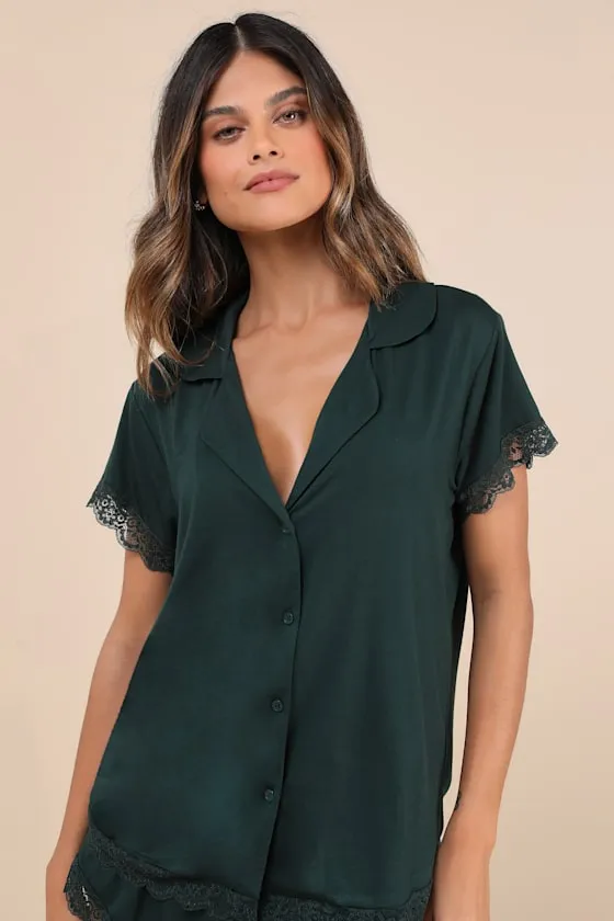 Snuggly Love Dark Green Short Sleeve Lace Two-Piece Pajama Set sold by Lulus product image thumbnail 3