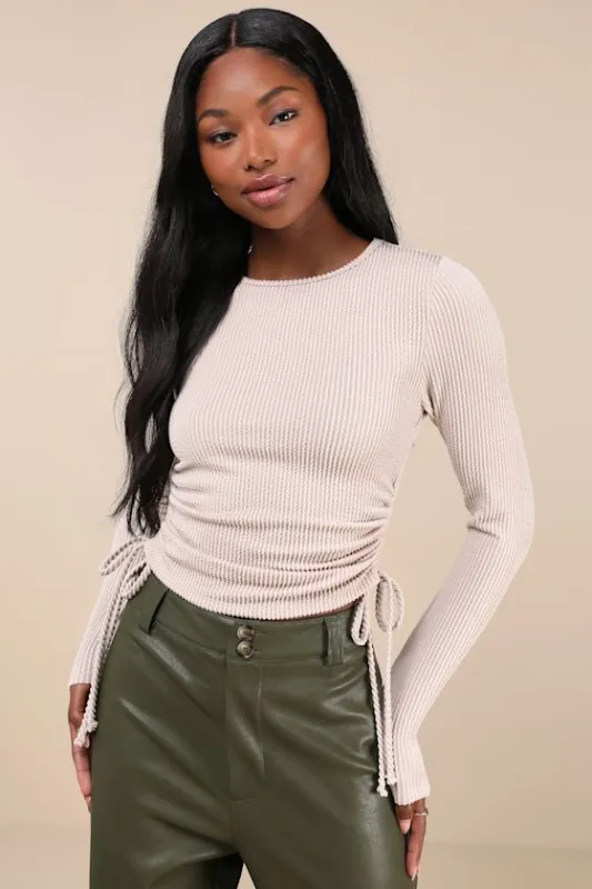 Sweet Ease Cream Textured Ribbed Ruched Long Sleeve Top sold by Lulus