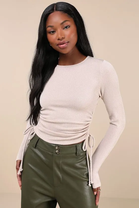 Sweet Ease Cream Textured Ribbed Ruched Long Sleeve Top sold by Lulus