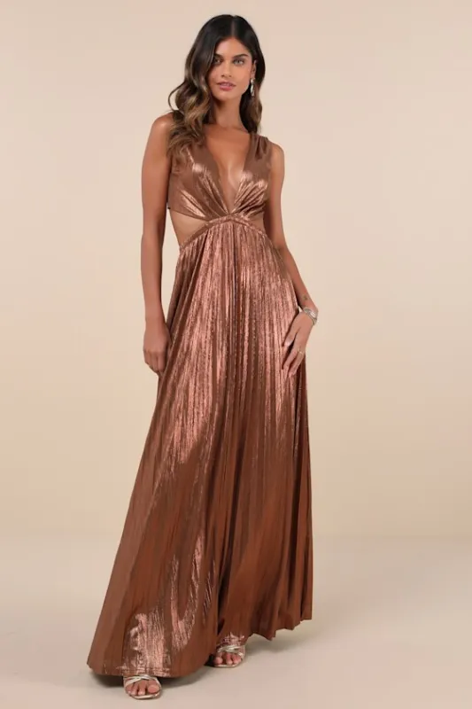Shining Luxury Bronze Metallic Lurex Cutout Maxi Dress sold by Lulus