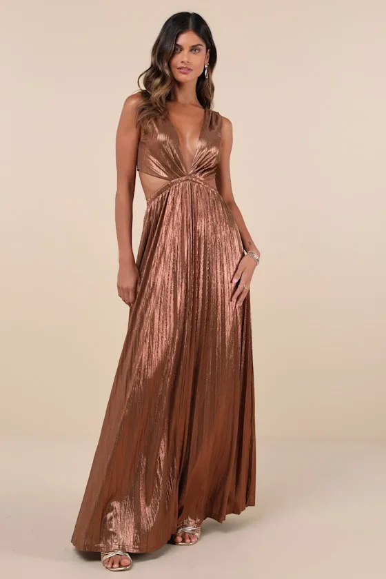 Shining Luxury Bronze Metallic Lurex Cutout Maxi Dress sold by Lulus