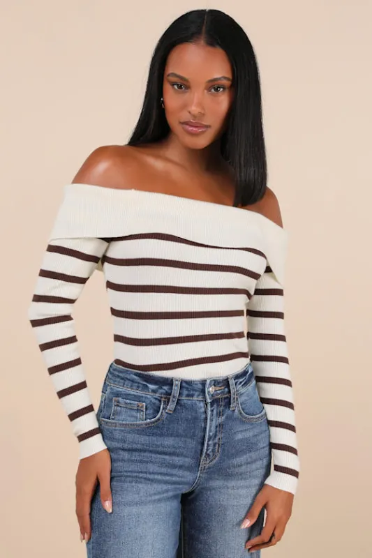Endearing Appeal Cream Striped Ribbed Knit Off-the-Shoulder Top made by Lulus