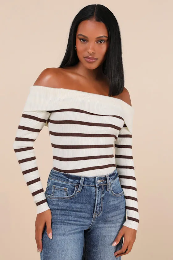 Endearing Appeal Cream Striped Ribbed Knit Off-the-Shoulder Top sold by Lulus