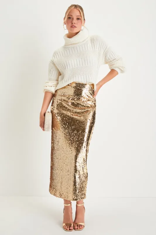 Dazzling Appearance Gold Sequin High-Rise Midi Skirt sold by Lulus