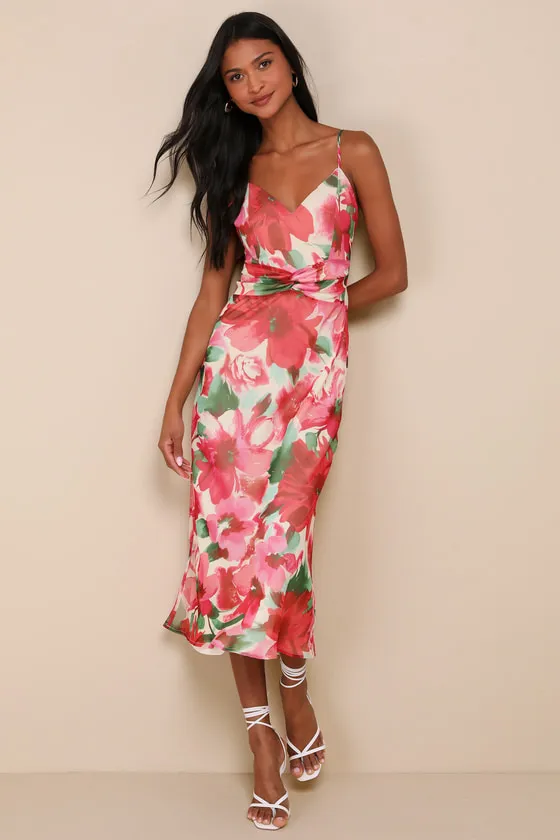 Beautiful Entrance Fuchsia Multi Floral Twist-Front Midi Dress sold by Lulus