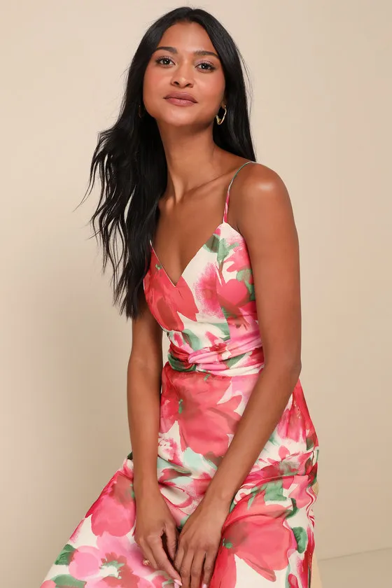 Beautiful Entrance Fuchsia Multi Floral Twist-Front Midi Dress sold by Lulus product image thumbnail 3