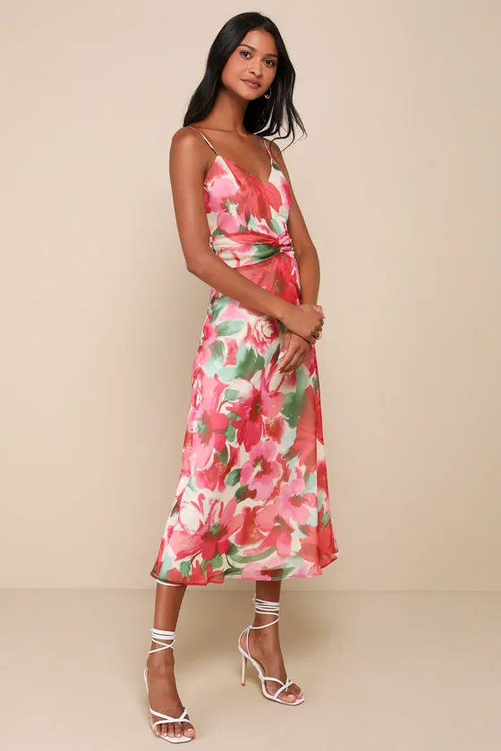 Beautiful Entrance Fuchsia Multi Floral Twist-Front Midi Dress sold by Lulus product image thumbnail 4