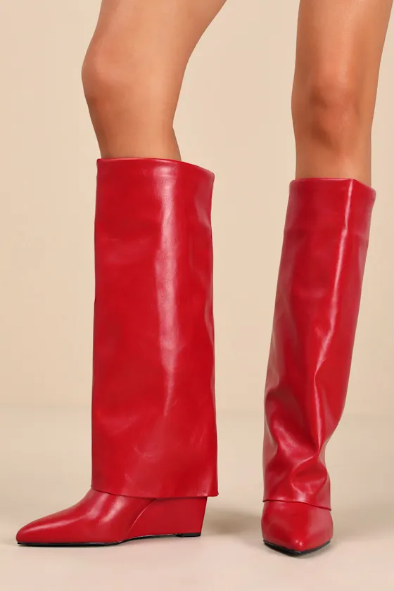 Evannder Red Paris Fold-Over Knee-High Wedge Boots sold by Lulus product image thumbnail 2