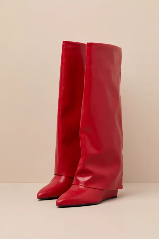 Evannder Red Paris Fold-Over Knee-High Wedge Boots sold by Lulus product image thumbnail 3