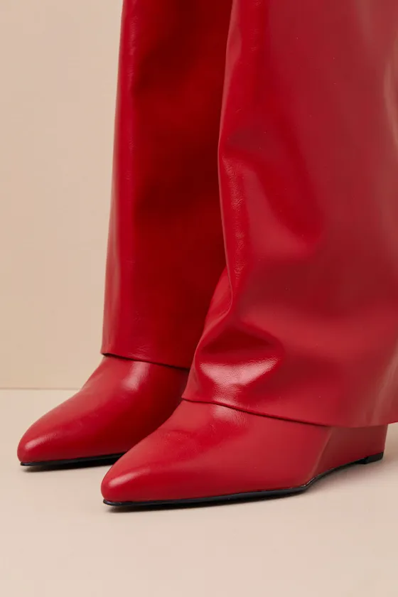 Evannder Red Paris Fold-Over Knee-High Wedge Boots sold by Lulus product image thumbnail 4