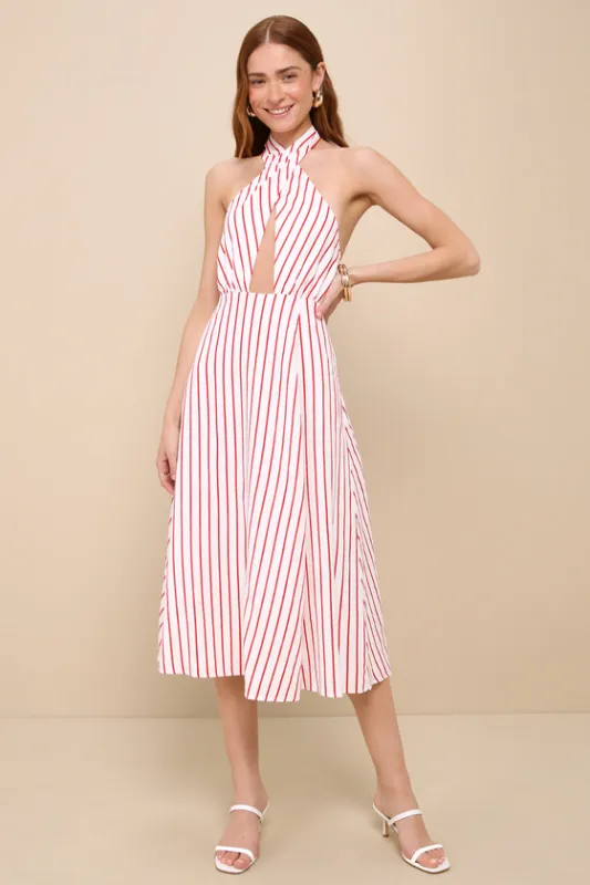Sicily Summer White and Red Striped Cutout Halter Midi Dress sold by Lulus