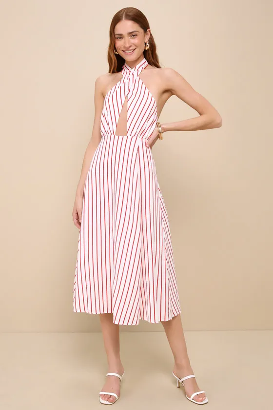 Sicily Summer White and Red Striped Cutout Halter Midi Dress sold by Lulus