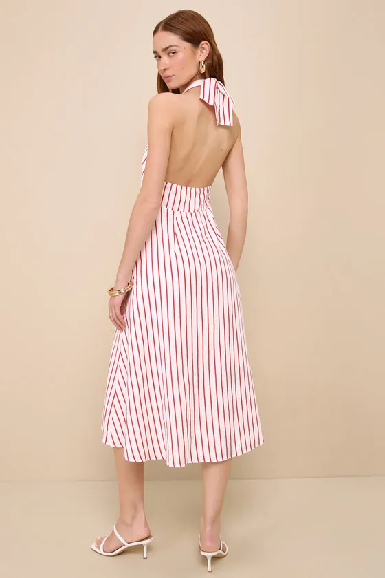 Sicily Summer White and Red Striped Cutout Halter Midi Dress sold by Lulus product image thumbnail 2
