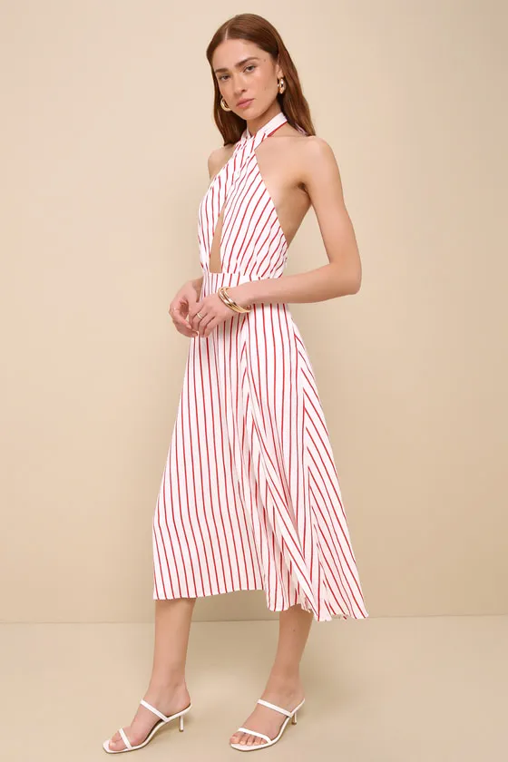 Sicily Summer White and Red Striped Cutout Halter Midi Dress sold by Lulus product image thumbnail 4
