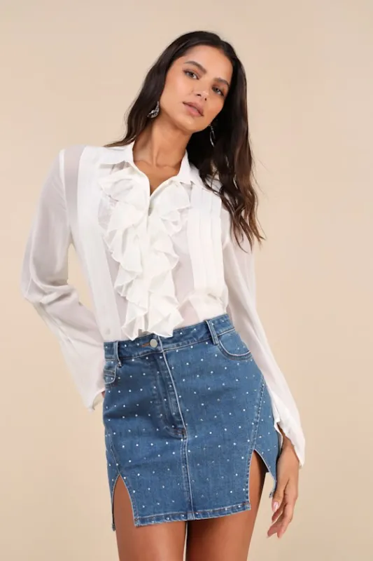 Laidback Sparkle Medium Wash Denim Rhinestone Mini Skirt sold by Lulus