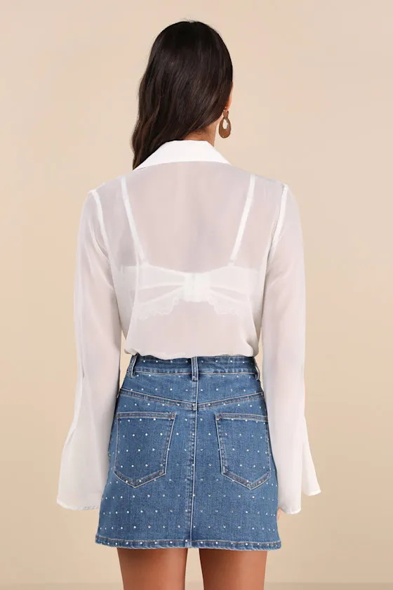 Laidback Sparkle Medium Wash Denim Rhinestone Mini Skirt sold by Lulus product image thumbnail 2