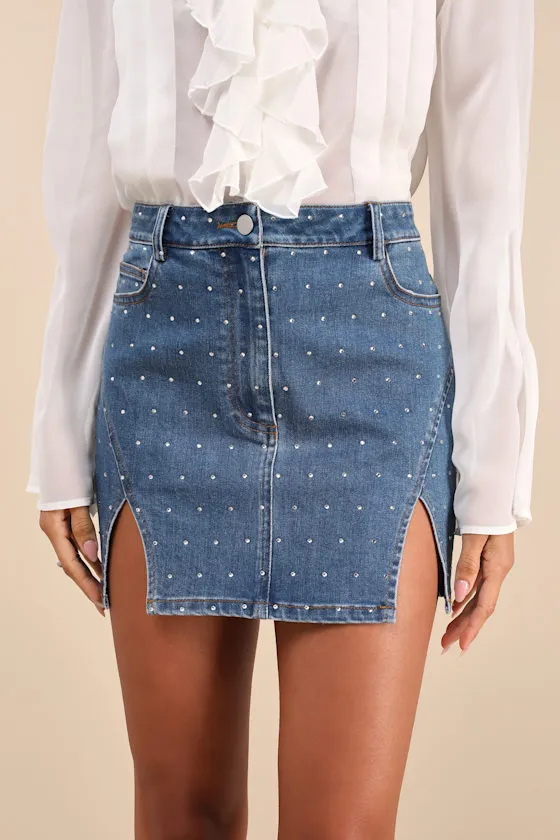 Laidback Sparkle Medium Wash Denim Rhinestone Mini Skirt sold by Lulus product image thumbnail 3