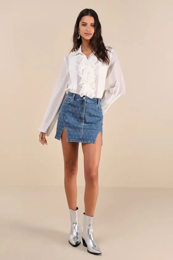 Laidback Sparkle Medium Wash Denim Rhinestone Mini Skirt sold by Lulus product image thumbnail 4