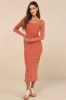 Elevated Coolness Washed Rust Long Sleeve Bodycon Midi Dress sold by Lulus